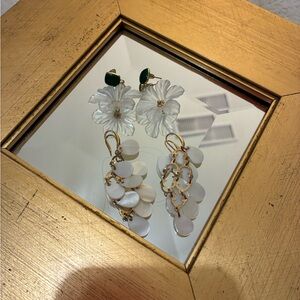 Elegant Gold & White Floral Earrings with Green stone. 2 PAIRS of Earrings